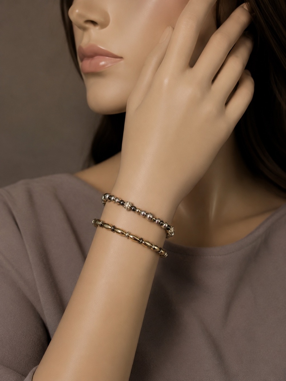 Set of 2 Stretch Beaded Bracelets | Silver Tone & Crystal Accent